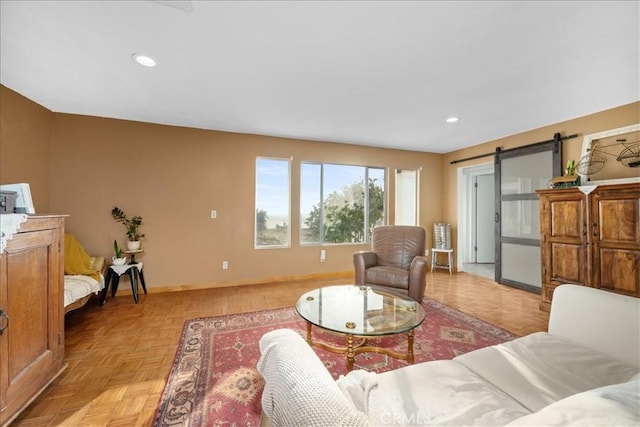 1561 Cielo Ln, Nipomo, CA 93444 - living area with baseboards, a barn door, and recessed lighting