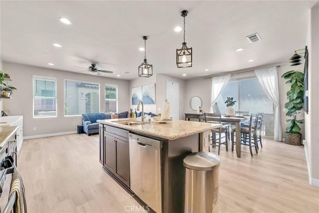 1952 Hazel Olson Ln, Colton, CA 92324 - kitchen featuring stainless steel dishwasher, a sink, recessed lighting, light wood-type flooring, and a ceiling fan
