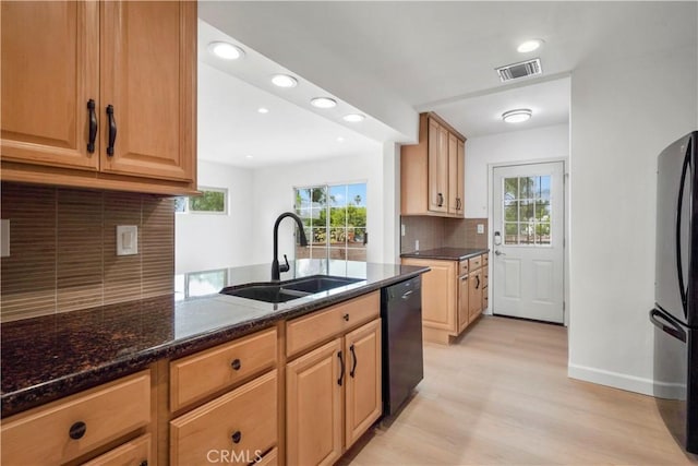 8331 Sharp Ave, Sun Valley, CA 91352 - kitchen featuring a sink, black appliances, light wood-style flooring, dark stone counters, and backsplash