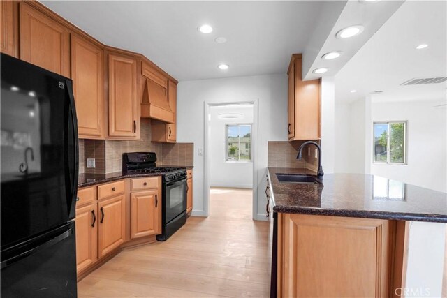 8331 Sharp Ave, Sun Valley, CA 91352 - kitchen with black appliances, a sink, custom range hood, light wood finished floors, and backsplash