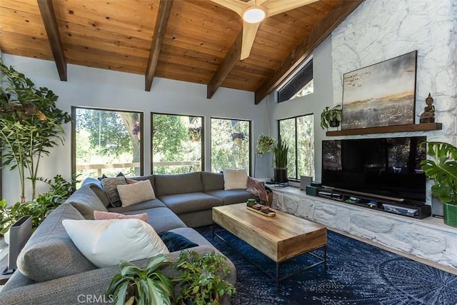 living room with beam ceiling, wood ceiling, and high vaulted ceiling