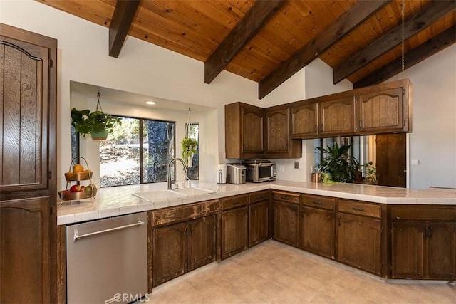 kitchen with stainless steel dishwasher, a sink, a peninsula, wood ceiling, and tile counters