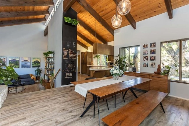 dining area featuring wood ceiling, beam ceiling, light wood-type flooring, high vaulted ceiling, and baseboards