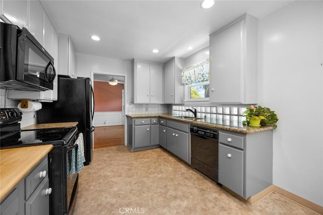 5422 E Harvey Way, Long Beach, CA 90808 - kitchen featuring black appliances, gray cabinets, backsplash, recessed lighting, and white cabinetry