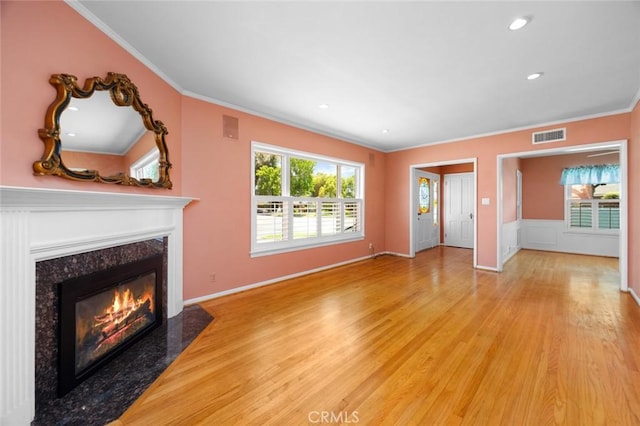 5422 E Harvey Way, Long Beach, CA 90808 - unfurnished living room featuring crown molding, wood finished floors, a fireplace, recessed lighting, and baseboards