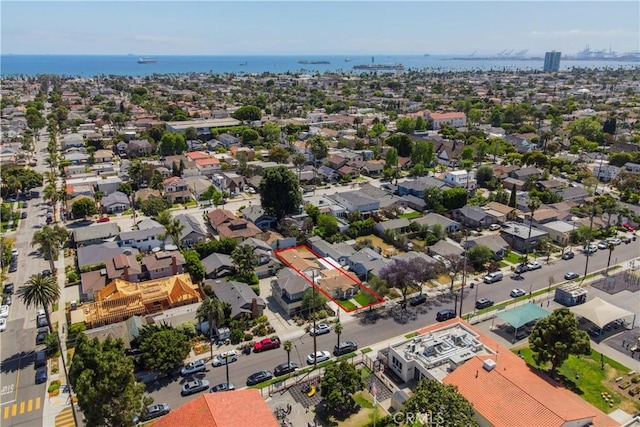 4110 E Vermont St, Long Beach, CA 90814 - aerial perspective of suburban area featuring property boundaries highlighted and a large body of water