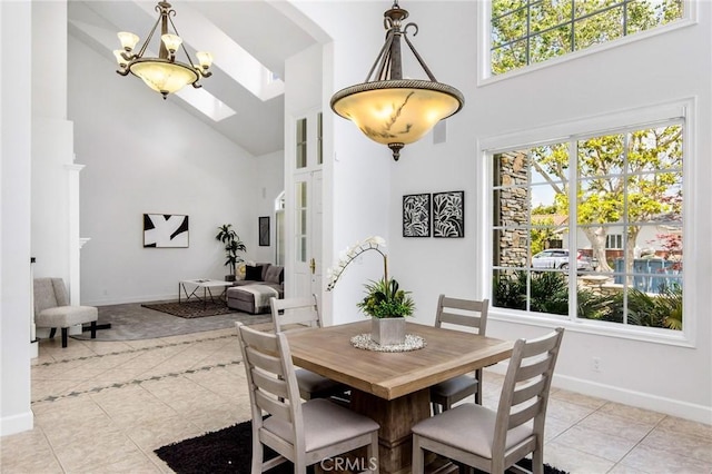 3232 Brimhall Dr, Los Alamitos, CA 90720 - dining room with high vaulted ceiling, light tile patterned floors, healthy amount of natural light, baseboards, and a skylight