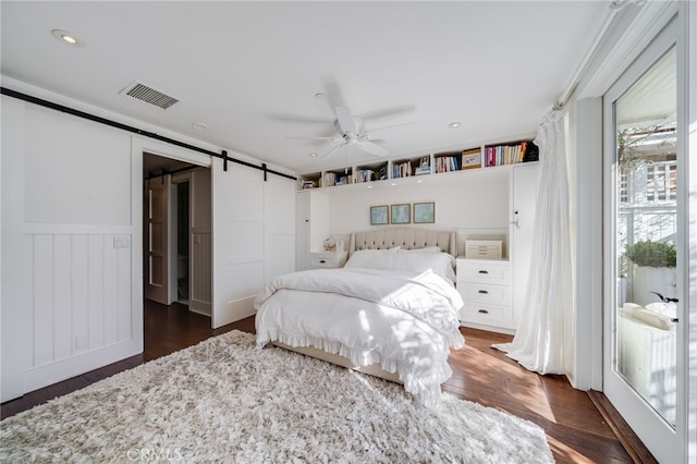 1651 Catalina, Laguna Beach, CA 92651 - bedroom featuring a barn door, dark wood finished floors, recessed lighting, a ceiling fan, and access to exterior
