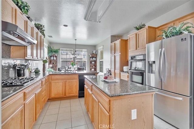 1744 Dali Way, Hanford, CA 93230 - kitchen featuring stainless steel appliances, under cabinet range hood, a center island, a sink, and light brown cabinetry