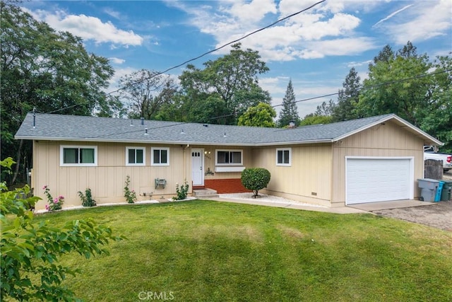 2880 Foothill Blvd, Oroville, CA 95966 - ranch-style house featuring an attached garage, asphalt driveway, a front lawn, board and batten siding, and roof with shingles