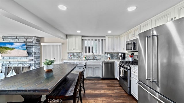 402 E Oceanfront, Newport Beach, CA 92661 - kitchen featuring appliances with stainless steel finishes, a sink, dark wood-style flooring, tasteful backsplash, and white cabinets