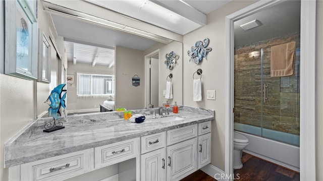 402 E Oceanfront, Newport Beach, CA 92661 - full bath featuring toilet, vanity, wood finished floors, beamed ceiling, and enclosed tub / shower combo