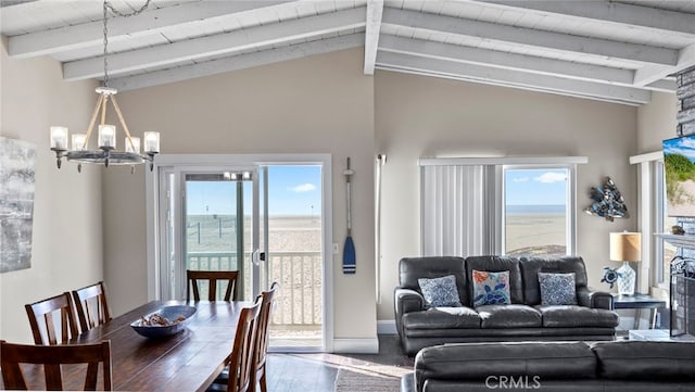402 E Oceanfront, Newport Beach, CA 92661 - dining space featuring a chandelier, wood ceiling, wood finished floors, and baseboards
