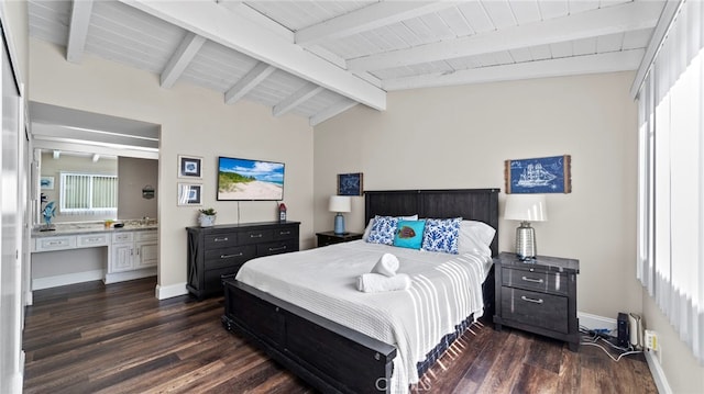 402 E Oceanfront, Newport Beach, CA 92661 - bedroom with dark wood-style floors, baseboards, and wood ceiling