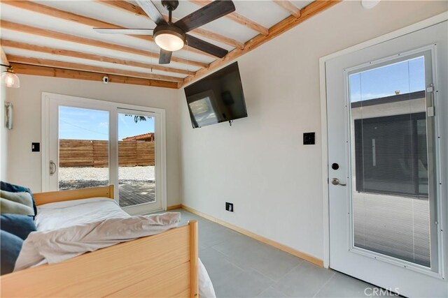 61461 El Reposo St, Joshua Tree, CA 92252 - bedroom featuring beamed ceiling, baseboards, and ceiling fan