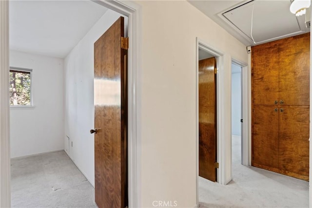 300 Pioneer Rd, Lake Arrowhead, CA 92352 - corridor with attic access and light colored carpet
