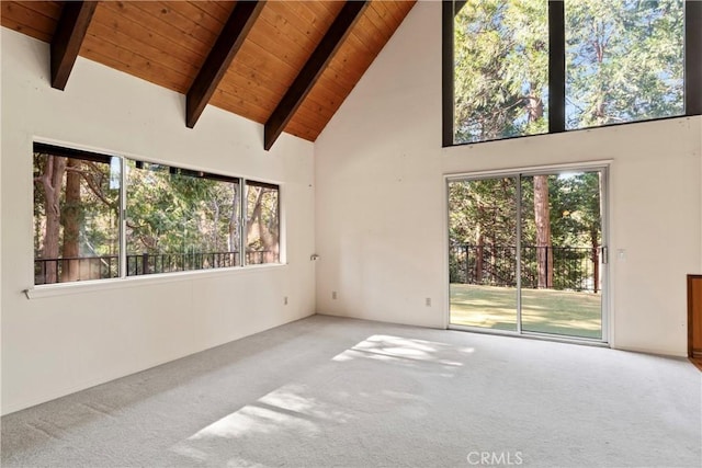300 Pioneer Rd, Lake Arrowhead, CA 92352 - carpeted empty room with wood ceiling, high vaulted ceiling, and beam ceiling