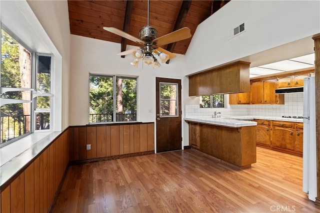 300 Pioneer Rd, Lake Arrowhead, CA 92352 - kitchen featuring light wood-type flooring, a ceiling fan, brown cabinets, a peninsula, and wood ceiling