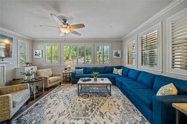living area featuring a ceiling fan, wood finished floors, and crown molding