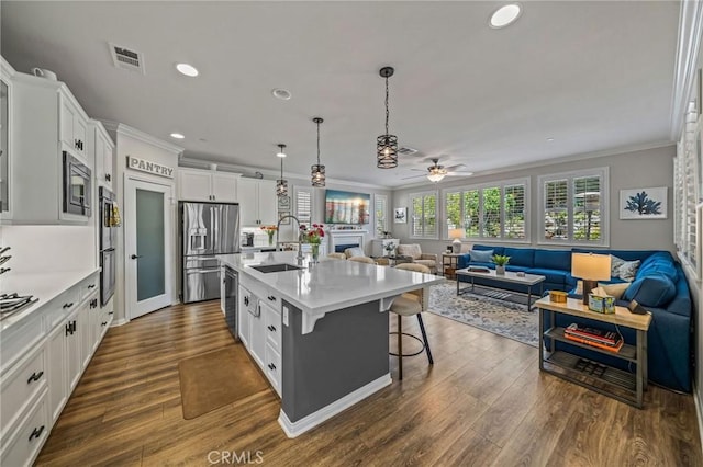 kitchen featuring stainless steel appliances, open floor plan, crown molding, a sink, and dark wood finished floors