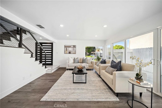 22713 Islamare, Lake Forest, CA 92630 - living area featuring recessed lighting, baseboards, stairs, and dark wood-style floors