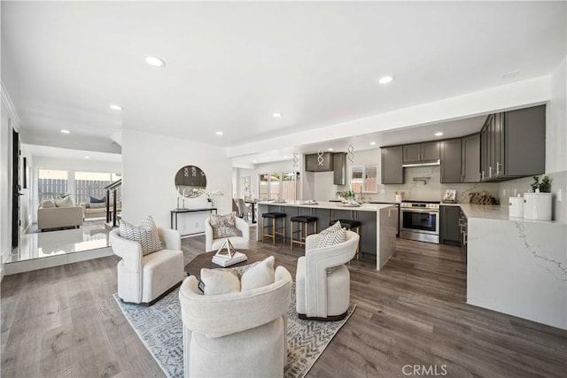 22713 Islamare, Lake Forest, CA 92630 - living room featuring recessed lighting and dark wood-style floors