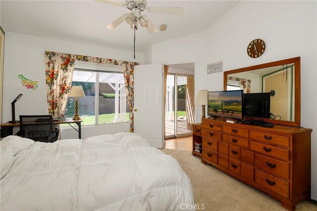 4102 Victoria Ln, Quartz Hill, CA 93536 - bedroom with access to outside, ceiling fan, light colored carpet, and vaulted ceiling