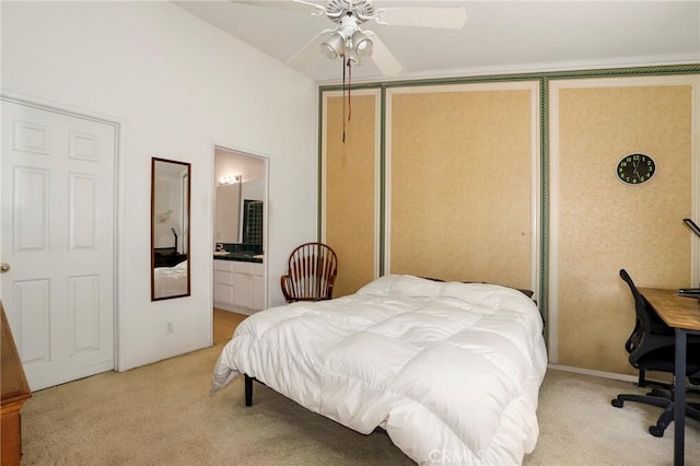 4102 Victoria Ln, Quartz Hill, CA 93536 - bedroom with light colored carpet, ensuite bathroom, and a ceiling fan