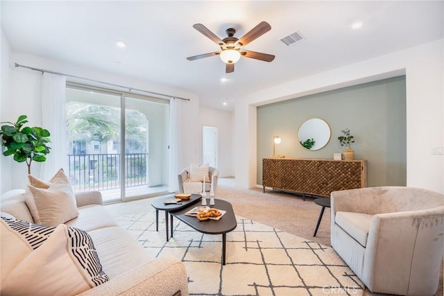 1609 Fig Tree Way, Oceanside, CA 92056 - living area featuring light colored carpet, ceiling fan, and recessed lighting