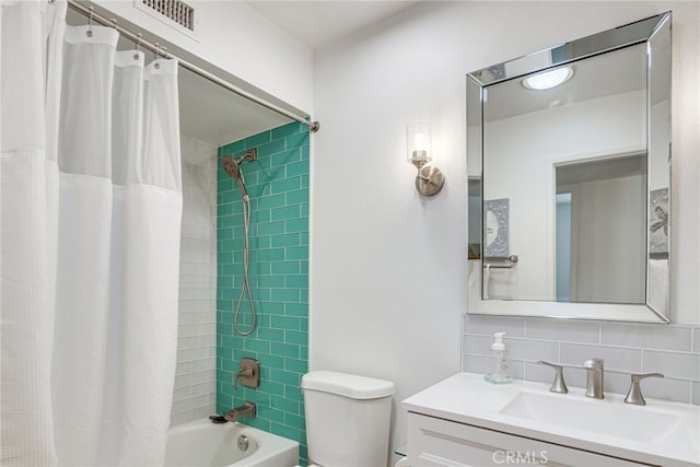 1123 E El Cid E, El Cid, Palm Springs, CA 92262 - full bathroom with vanity, toilet, shower / bathtub combination with curtain, and decorative backsplash