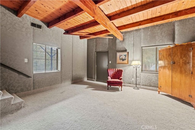 1513 Bernina Dr, Pine Mountain Club, CA 93222 - sitting room with wood ceiling, beam ceiling, carpet floors, and stairway
