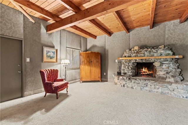1513 Bernina Dr, Pine Mountain Club, CA 93222 - sitting room featuring wood ceiling, a fireplace, beamed ceiling, and carpet flooring