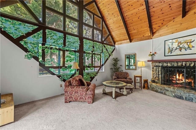 1513 Bernina Dr, Pine Mountain Club, CA 93222 - living area with high vaulted ceiling, carpet, healthy amount of natural light, wooden ceiling, and a fireplace