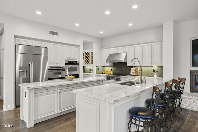 181 Via Sandra, Newbury Park, CA 91320 - kitchen featuring appliances with stainless steel finishes, under cabinet range hood, a sink, a peninsula, and a center island