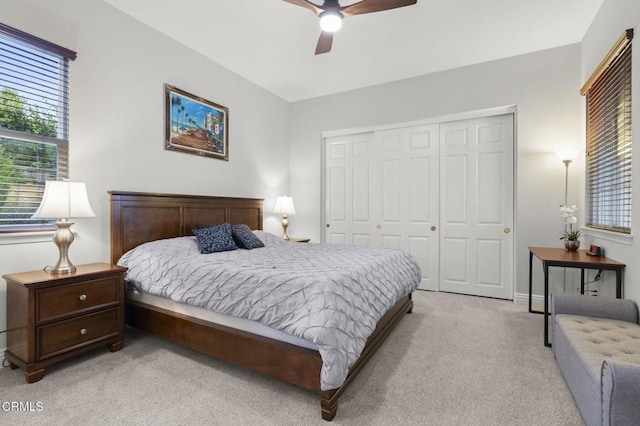 181 Via Sandra, Newbury Park, CA 91320 - bedroom featuring light colored carpet, a closet, ceiling fan, and baseboards
