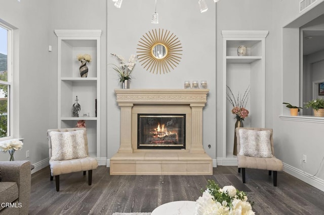 181 Via Sandra, Newbury Park, CA 91320 - living room featuring built in shelves, wood finished floors, baseboards, and a glass covered fireplace