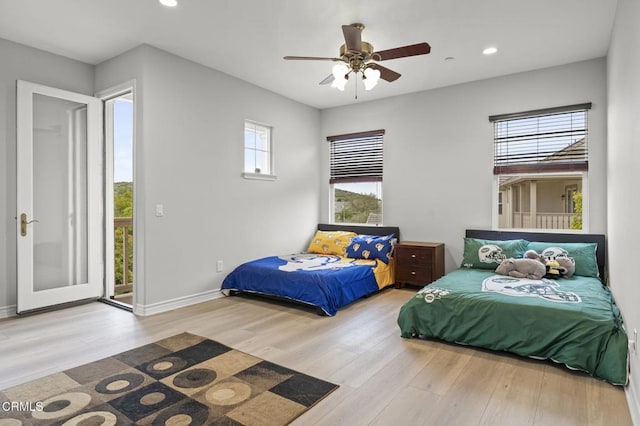 181 Via Sandra, Newbury Park, CA 91320 - bedroom with wood finished floors, recessed lighting, baseboards, a ceiling fan, and access to exterior