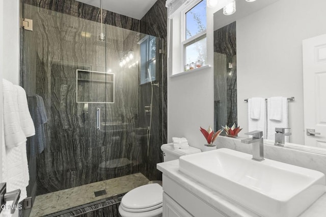181 Via Sandra, Newbury Park, CA 91320 - full bathroom featuring toilet, a marble finish shower, and vanity