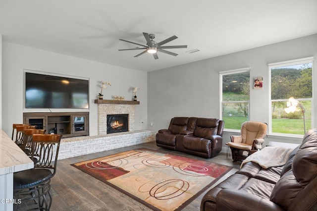 181 Via Sandra, Newbury Park, CA 91320 - living area featuring a fireplace, wood finished floors, and ceiling fan