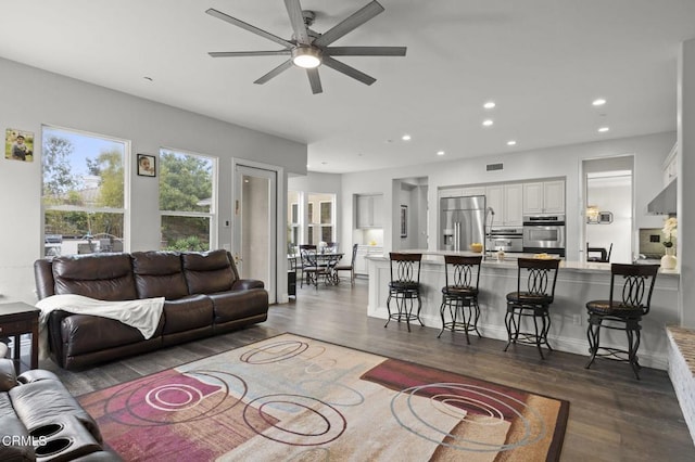 181 Via Sandra, Newbury Park, CA 91320 - living area featuring ceiling fan, dark wood finished floors, and recessed lighting