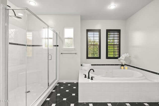 181 Via Sandra, Newbury Park, CA 91320 - bathroom with a garden tub, a shower stall, tile patterned floors, baseboards, and recessed lighting