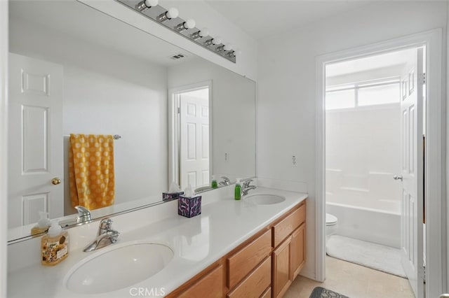 28652 Deer Springs Dr, Saugus, CA 91390 - bathroom with tile patterned flooring, double vanity, a bath, toilet, and a shower