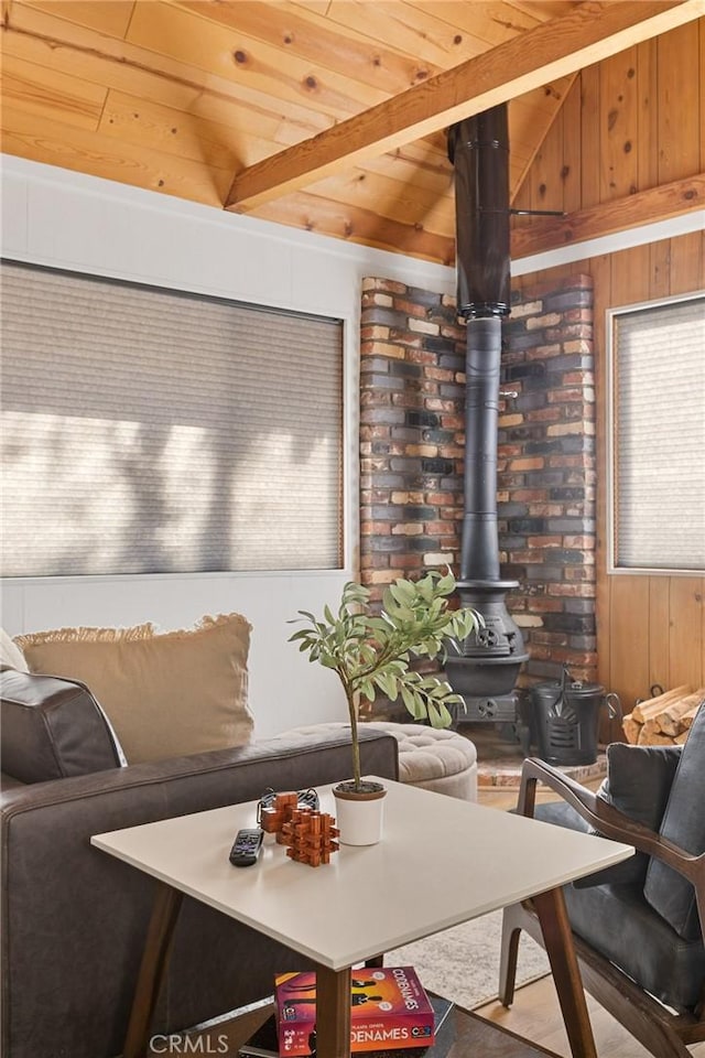 32903 Canyon Dr, Green Valley Lake, CA 92341 - living area featuring wooden walls, wood ceiling, and a wood stove