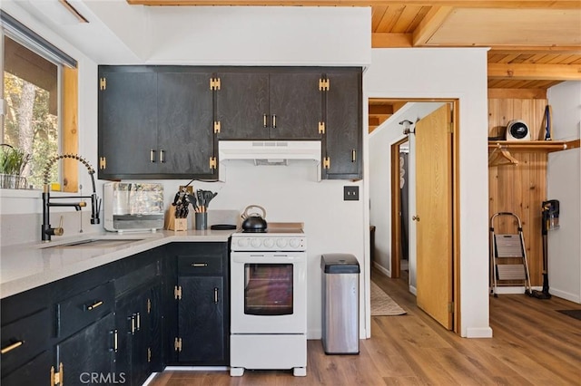 32903 Canyon Dr, Green Valley Lake, CA 92341 - kitchen featuring under cabinet range hood, white electric range oven, a sink, light countertops, and light wood-type flooring