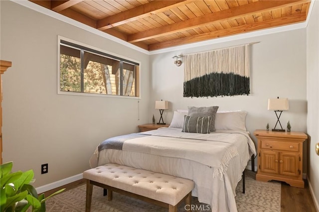 32903 Canyon Dr, Green Valley Lake, CA 92341 - bedroom with wooden ceiling, beam ceiling, baseboards, and wood finished floors