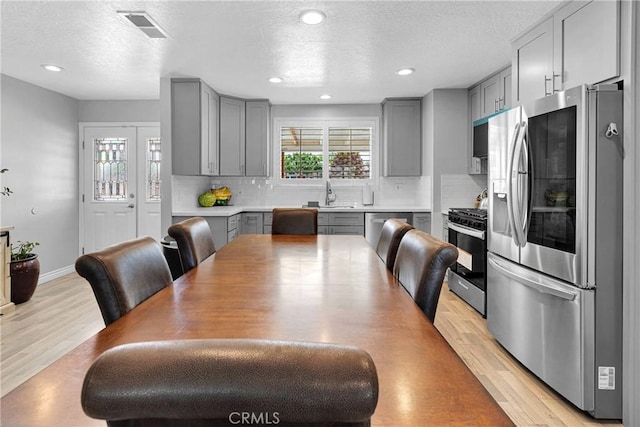 15074 Willow St, Hesperia, CA 92345 - kitchen with stainless steel appliances, gray cabinetry, a sink, a textured ceiling, and recessed lighting