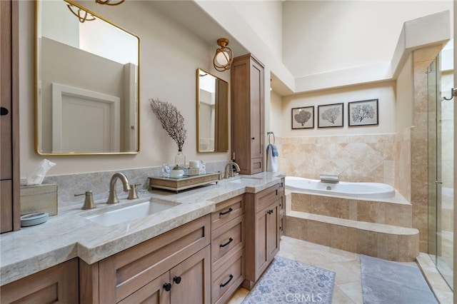 45 Northampton Ct, Newport Beach, CA 92660 - full bathroom with a bath, double vanity, a shower stall, and tile patterned floors
