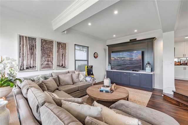 45 Northampton Ct, Newport Beach, CA 92660 - living area featuring dark wood-type flooring, recessed lighting, ornamental molding, and baseboards