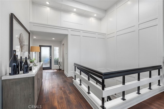 45 Northampton Ct, Newport Beach, CA 92660 - hallway with a decorative wall, dark wood-style floors, and recessed lighting