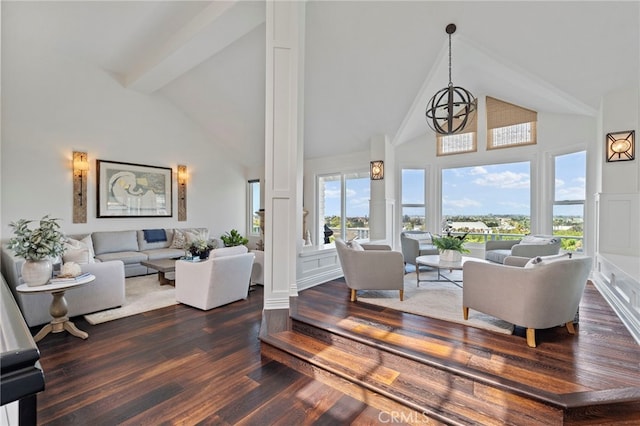 45 Northampton Ct, Newport Beach, CA 92660 - living room featuring high vaulted ceiling, dark wood-type flooring, a decorative wall, and beamed ceiling